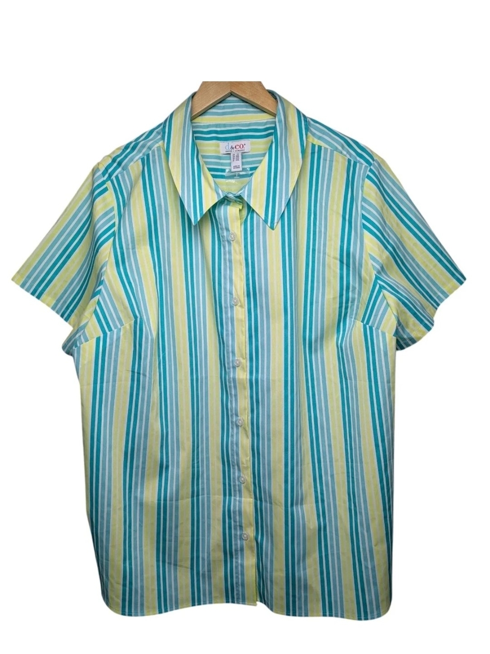 Denim&Co Teal & Yellow Vertical Stripe Button-Down Shirt Coolmax Sunny Lime